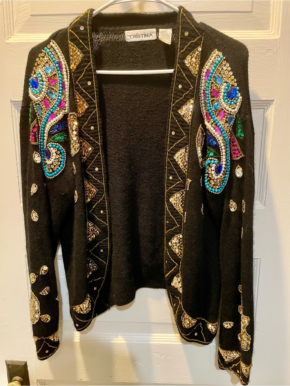 Christina Black Beaded Open-Front Cardigan, Sequins, Medium